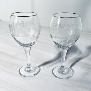 Christmas Winter Snow Trees White Frosted Goblets Gold Rims 8"